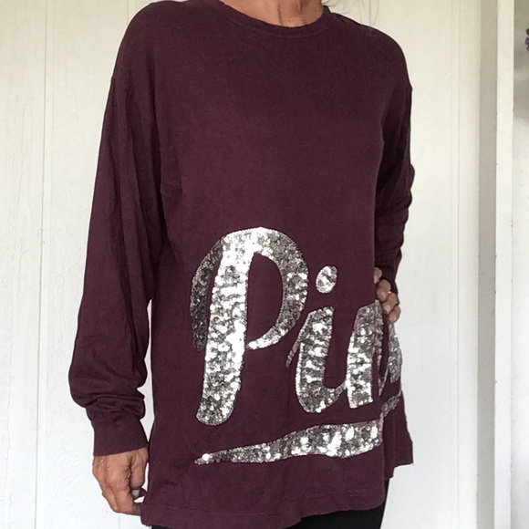 PINK VICTORIAS SECRET OVERSIZED SEQUIN LONG SLEEVE TEE SHIRT MEDIUM - Picture 4 of 13